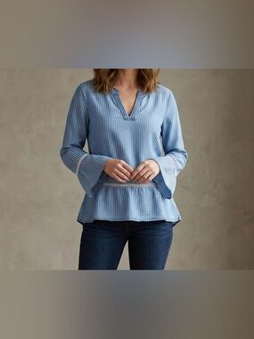 Madeline & Monroe Chambray Striped Bell Sleeve Blouse Blue White Lace Trim S